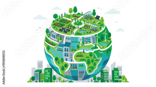 Illustration of a stylized Earth with green landscapes, buildings, and cityscape on a white background with a vibrant and ecofriendly mood.