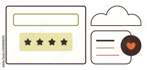 Customer feedback, cloud storage, data evaluation, user reviews, digital services, online platforms. Iconic layout rating stars, cloud and a feedback heart. Customer feedback and cloud storage
