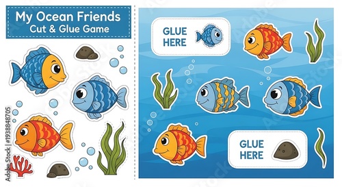 Colorful fish cut and glue game for children educational activity