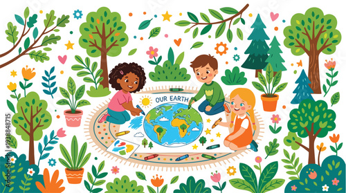 Illustration of diverse children playing with a globe surrounded by trees and plants in a colorful, whimsical setting.