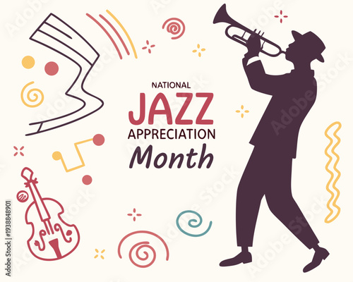 National Jazz Appreciation Month Celebration Vector, Saxophone, Trumpet and Piano Design