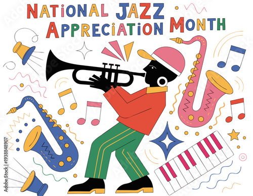 National Jazz Appreciation Month Celebration Vector, Saxophone, Trumpet and Piano Design