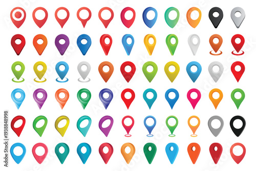 Set of Colorful Location Pins, Map Markers, and Navigation Icons for Geolocation, GPS, Route Mapping, and Geotagging – Vibrant and Customizable Map Design Elements for Digital Navigation