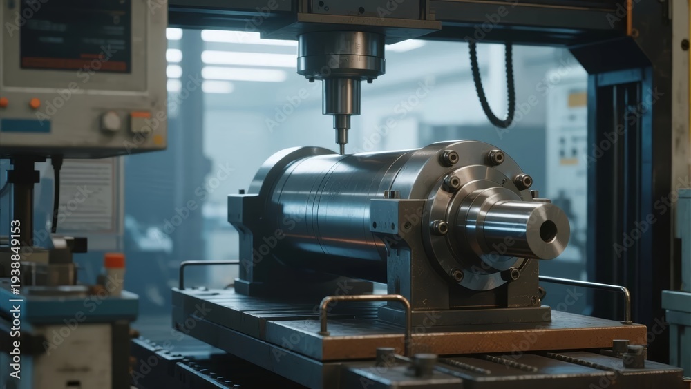 Fototapeta premium Industrial CNC machine processing a metal component in a manufacturing facility