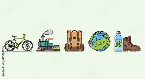 Assorted travel icons including bicycle, train, backpack, globe, bottle, and boot, symbolizing adventure and exploration.