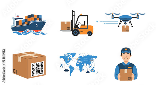Global Logistics and Transportation Network Featuring Ship, Forklift, Drone, Package Delivery, and Courier