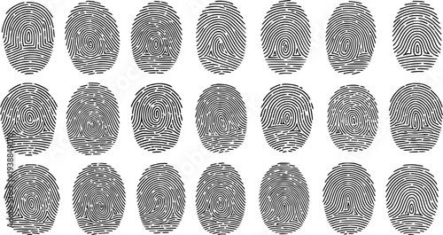 Black and White Line Art Fingerprint Icons, Identity Security and Biometrics, Technology and Data Protection
