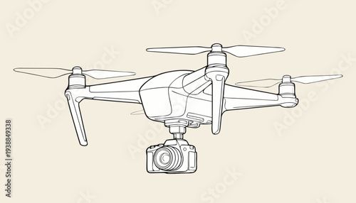 Modern quadcopter drone with camera line art illustration