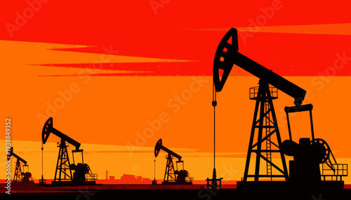 Silhouettes of Oil Pump Jacks Extracting Petroleum Against a Dramatic Orange Sunset Sky