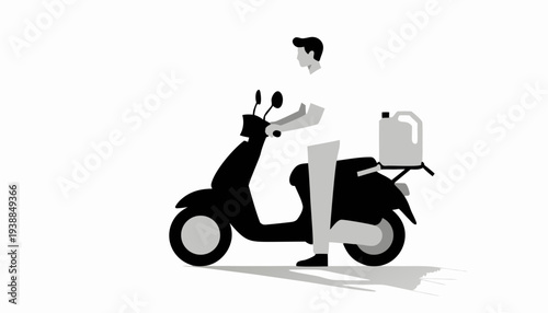 Minimalist vector illustration of a delivery man riding a scooter with a large water container