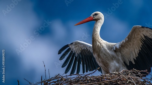 White Stork Standing in Nest with Wings Spread.