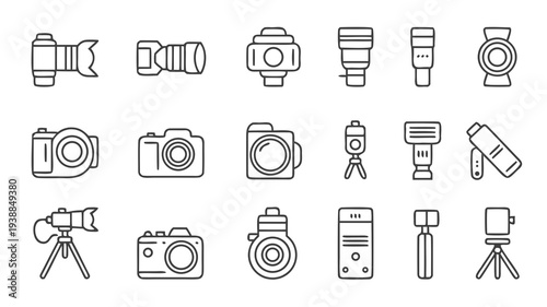 Photography equipment icons set featuring cameras lenses tripods and flashes in hand drawn doodle style