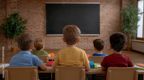 Rear view of diverse children sitting in classroom, focused on blackboard, learning together