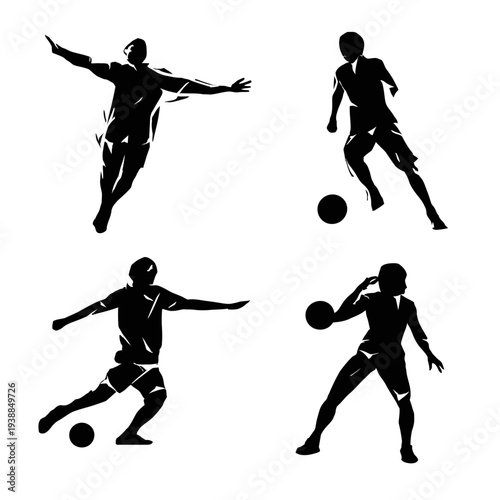 A vector illustration of a black soccer football player silhouette in an action kick match competition with an athlete figure running for a goal