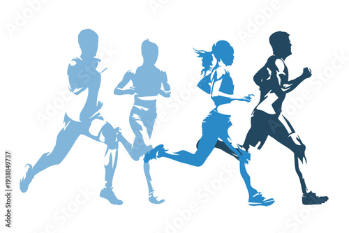 Vector silhouettes of people dancing and running illustrate a diverse human evolution of movement across business, sport, and music with artistic body outlines of a woman, child, and team