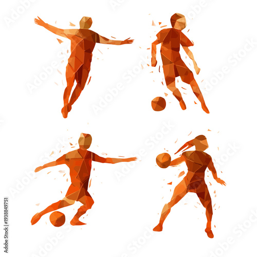 A team of athletic men and basketball players in vector silhouette illustrations perform action jumps and competition runs with a sports ball