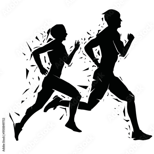 Vector illustration of black silhouettes featuring a dancing woman and an evolving team of people engaged in fitness, running, and sports