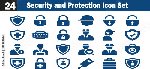 Collection of twentyfour blue security and protection icons on transparent background for safety purposes