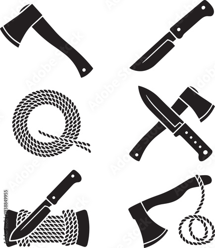 Collection of various knives and axes with ropes isolated on transparent background for camping