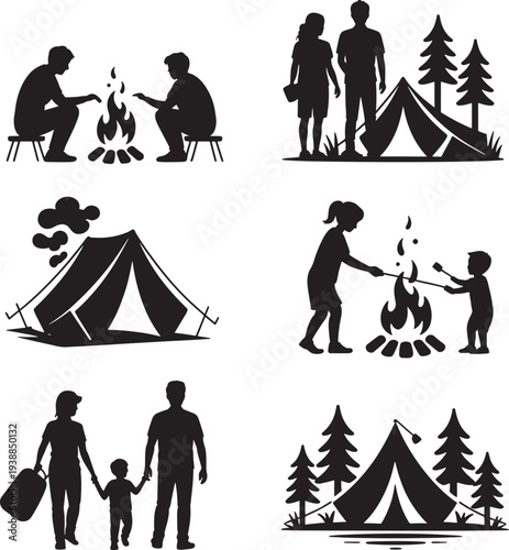 Silhouettes of people camping and having leisure time together in nature and forest outdoors