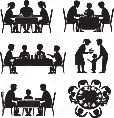 Silhouettes of people eating at tables with various dining scenes and family gatherings