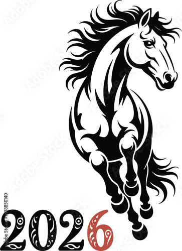 Year 2026 Chinese zodiac horse vector illustration, tribal silhouette of running stallion with decorative ornaments