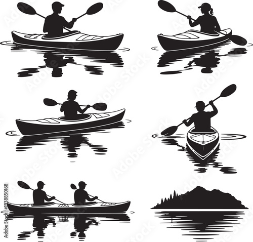 Silhouettes of people paddling kayaks and canoes on calm water with reflections and island