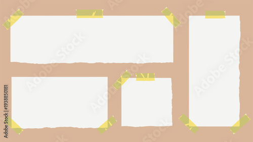Collection of realistic torn white paper sheets with ripped edges, affixed by adhesive tape to a neutral background, ideal for notes, reminders, or creative message board designs