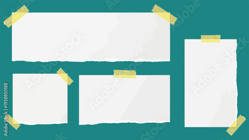 Set of four torn paper pieces with rough edges, attached with yellow tape on a teal background, ideal for notes or design elements