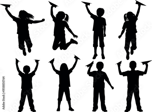 Children playing with paper airplanes silhouettes collection, happy kids jumping and standing poses isolated on white background, childhood fun and imagination concept illustration set