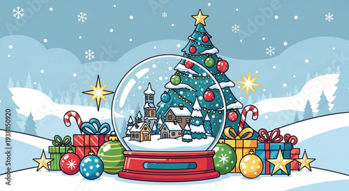 Vibrant snow globe with festive Christmas tree and gifts