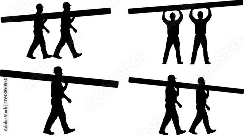 Construction workers carrying wooden beam silhouettes showing teamwork and manual labor on building site, construction industry worker activity illustration isolated on white background