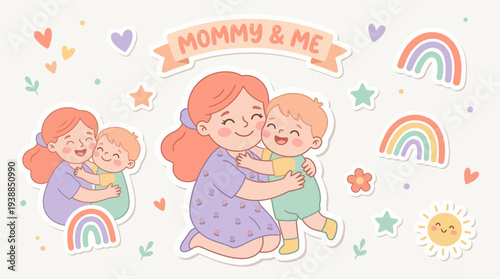 Mother and Child Hugging Cartoon Illustration.