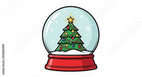 Vibrant Christmas tree inside a festive snow globe with colorful ornaments