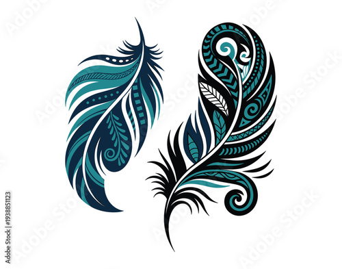 Professional Vector Set Of Decorative Tribal Feather Illustrations Featuring Teal And Black Intricate Patterned Designs