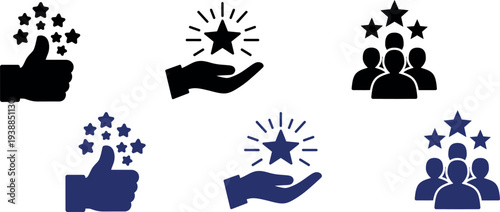 A collection of six star rating and people icons in black and blue