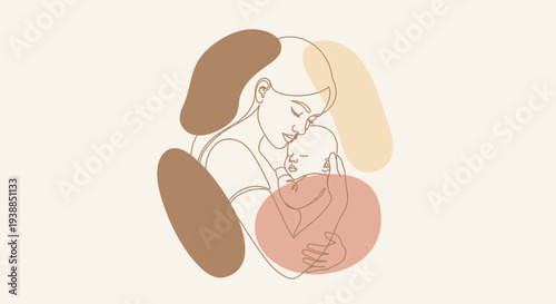 Mother Holding Baby in Simple Line Art.