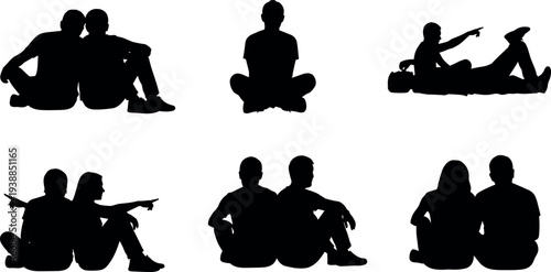 Friends sitting together silhouettes collection showing relaxed people talking, pointing and resting poses isolated on white background, friendship and leisure lifestyle concept illustration set