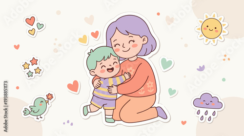 Mother Hugging Child Cartoon Illustration.
