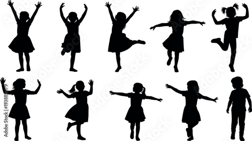 Happy children dancing and jumping silhouettes collection with playful kids poses isolated on white background, childhood fun, joy and activity concept illustration set