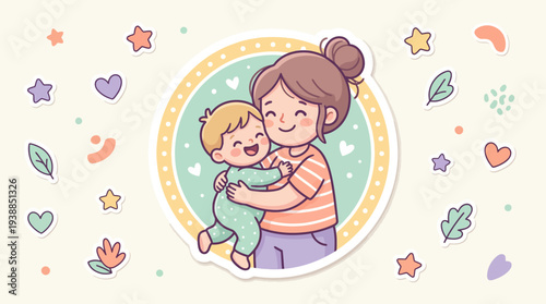 Woman Holding Baby in Illustration Style.
