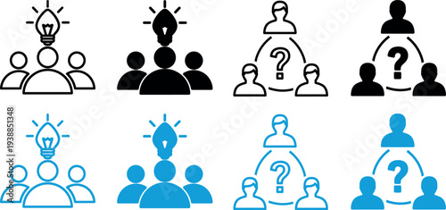 A series of icons depicting people with lightbulbs and question marks