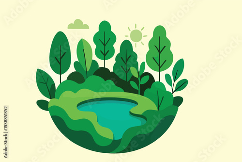 Eco-friendly paper-cut illustration of a serene green pond surrounded by layered trees and foliage, symbolizing ecology, conservation, sustainability, and wellness landscapes.