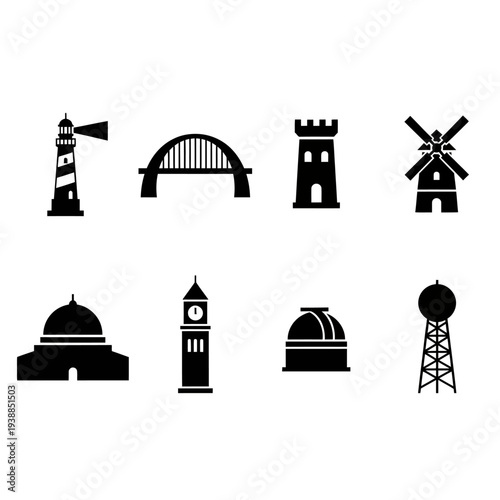 Black landmarks icons set with lighthouse bridge and dome on transparent background silhouette