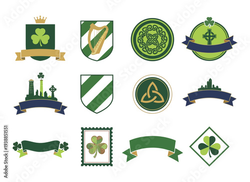 Irish themed emblems and crests collection on transparent background silhouette