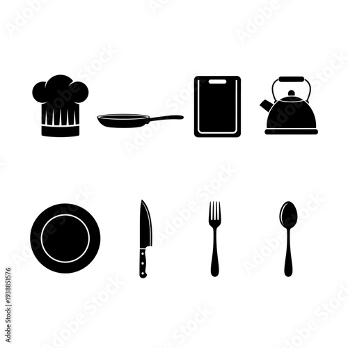 Black kitchen icons including cookware tableware and chef hat silhouette on transparent background