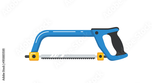 Blue Hacksaw with Black Handle and Yellow Clamps.