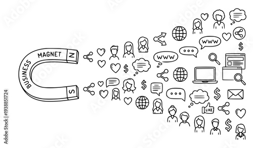 Inbound marketing strategy magnet attracting social media audience and customer engagement outline vector