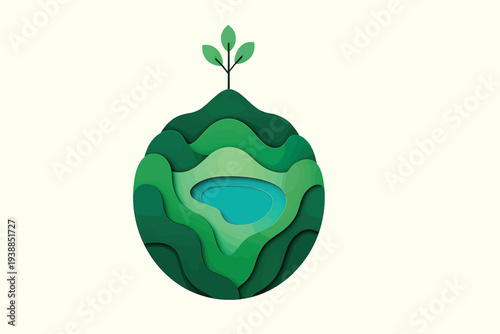 Eco-friendly layered paper-cut illustration of a green planet with a central design. blue pond and seedling, symbolizing sustainability, renewable growth, environmental conservation, and eco-design.