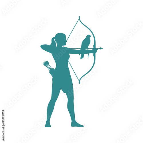 Female archer with falcon poised for action on transparent background silhouette